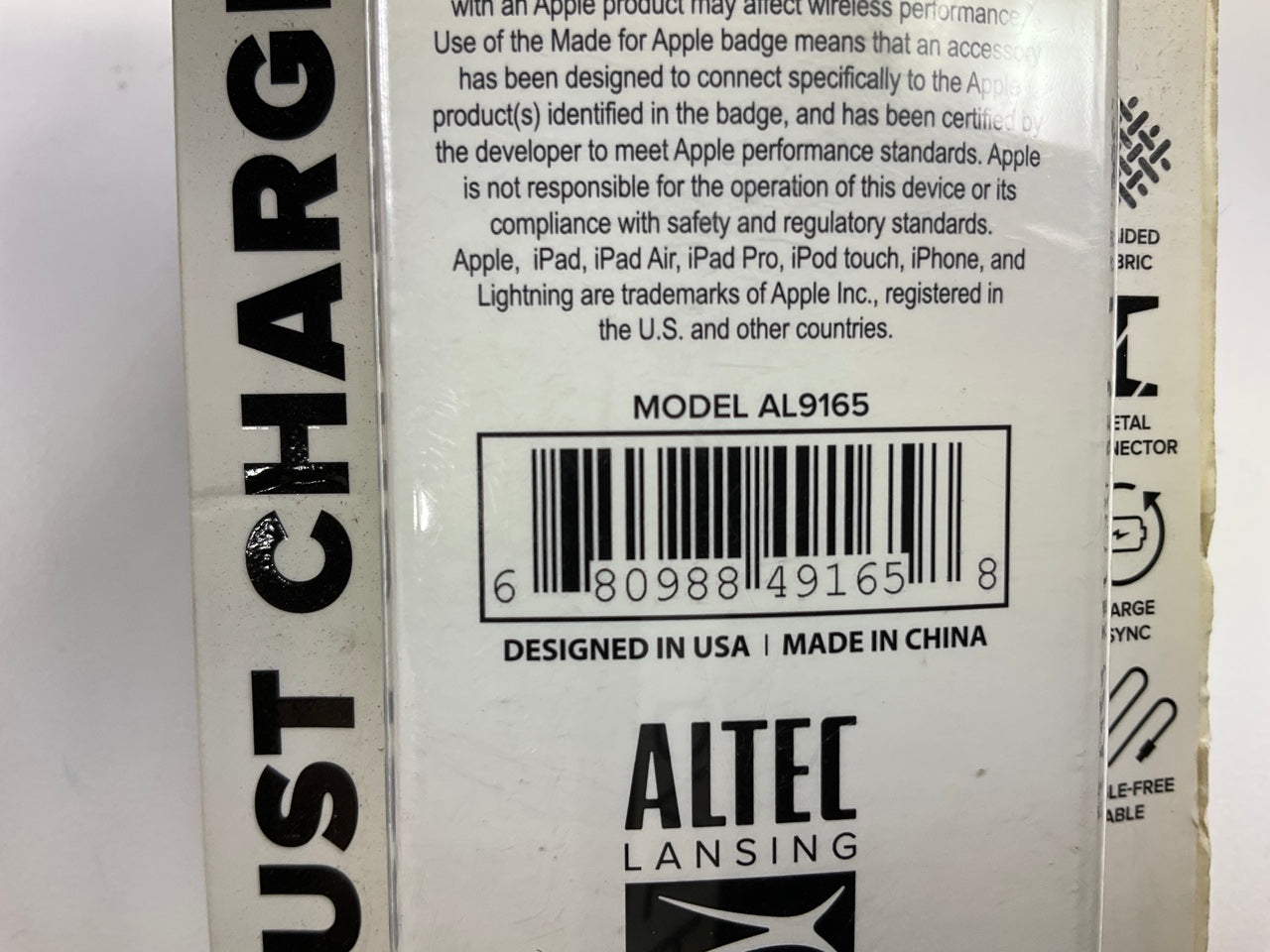 Altec Lansing AL9165 6ft Lightning To USB Braided Fabric Charger Cord