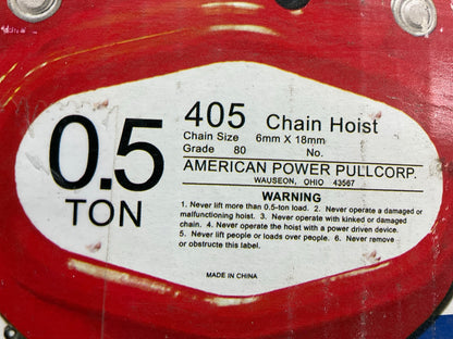 American Power Pull 405 Manual Lift Chain Hoist 1/2 Ton, 10 Feet Height