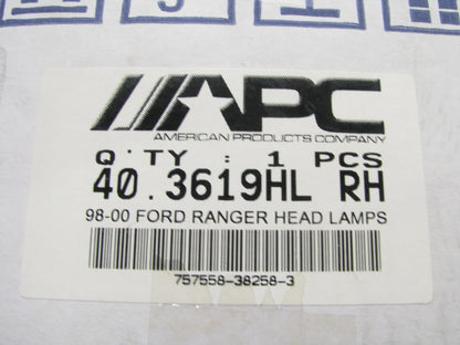 APC 40-3619HL RIGHT Head Light Headlamp W/ Projector Fog Light For 98-00 Ranger