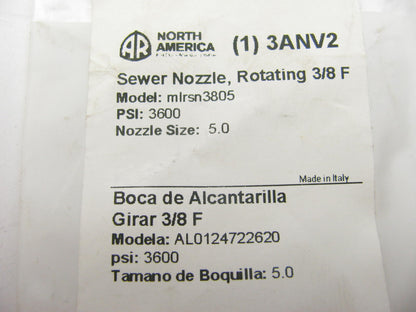Rotating Sewer Nozzle: #5 Nozzle Size, 3,600 Psi Max. Pressure, 3/8 In (F)NPT