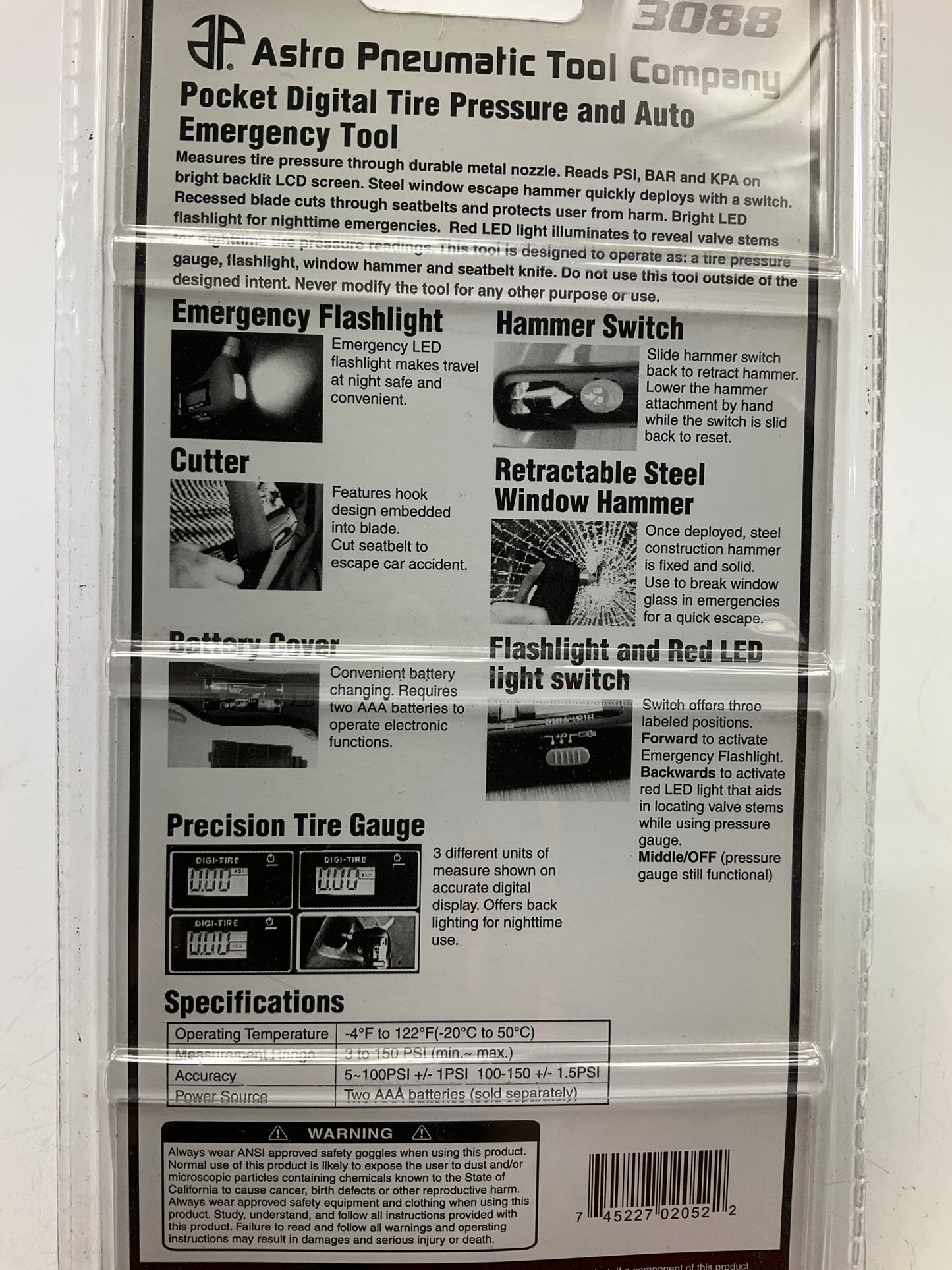 Astro Pneumatic 3088 Digital Tire Air Pressure Gauge W/ Safety Seat Belt Cutter