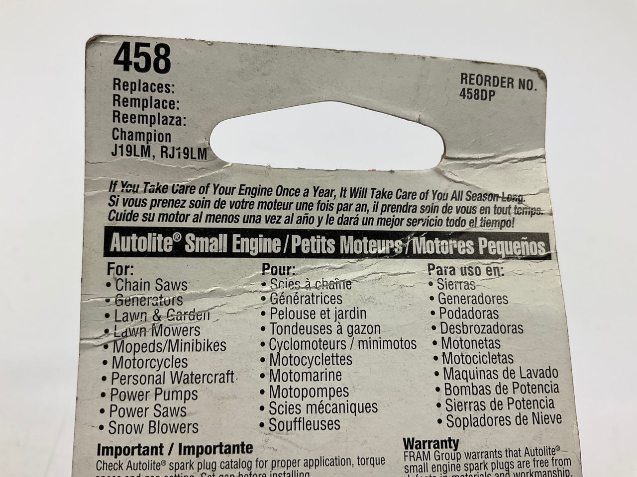 (2) Autolite 458 Small Engine Spark Plug - Replaces J19LM, RJ19LM