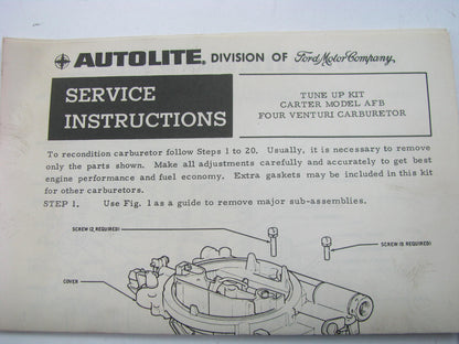 Autolite CT-147 VINTAGE Carburetor Rebuild Kit - Carter Model AFB 4-BBL