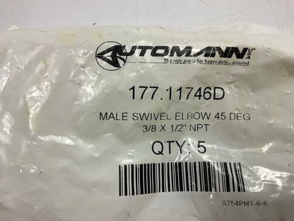 (5) Automann 177.11746D PLC 45 Degree Elbow 3/8 Tube X 1/2 NPT Air Brake Fitting
