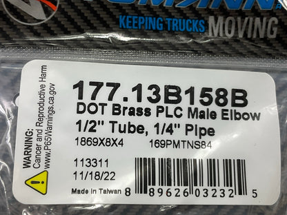 Automann 177.13B158B Brass PLC Male Elbow 1/2'' Tube, 1/4'' Pipe Air Brake Fitting