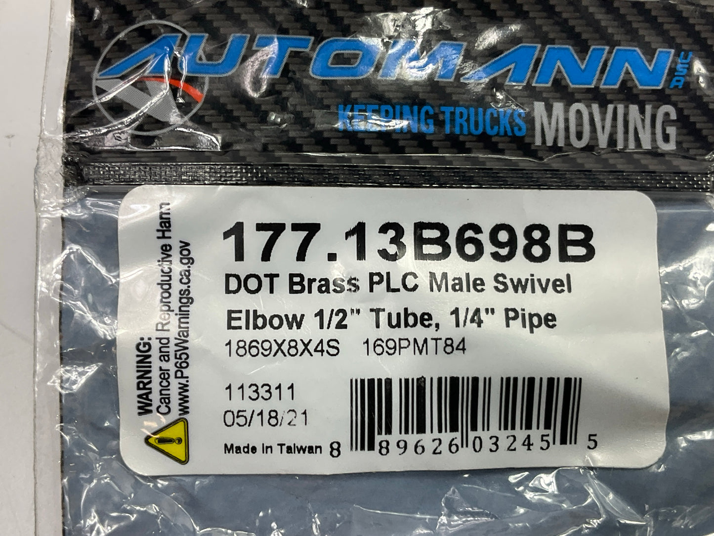 Automann 177.13B698B Push-Lock Air Brake Fitting 90° Male Swivel Elbow 1/2 X 1/4
