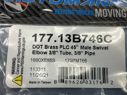 Automann 177.13B746C Brass PLC 45 Degree Male Elbow, 3/8'' Tube X 3/8'' Pipe