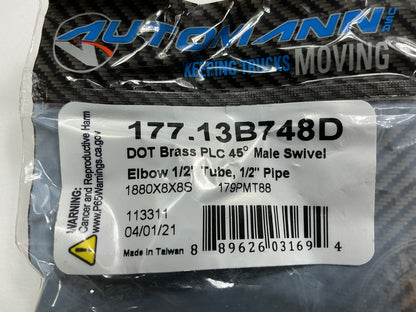 Automann 177.13B748D Brass DOT Swivel Push Connect 45° Elbow 1/2'' Tube X 1/2 MPT