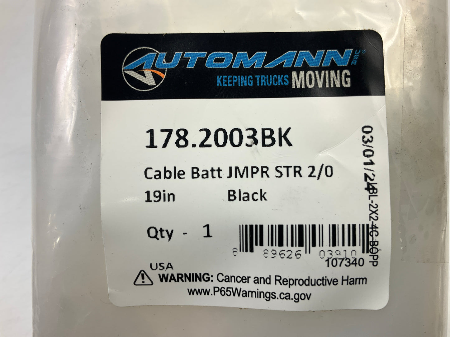 Automann 178.2003BK Battery Cable Jumper Straight 2-0 19 Inch Black, 2/0 Gauge