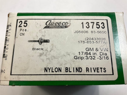 Auveco 13753 Nylon Blind Rivet Diameter 17/64'' Grip 3/32''-3/16'' Qty 25