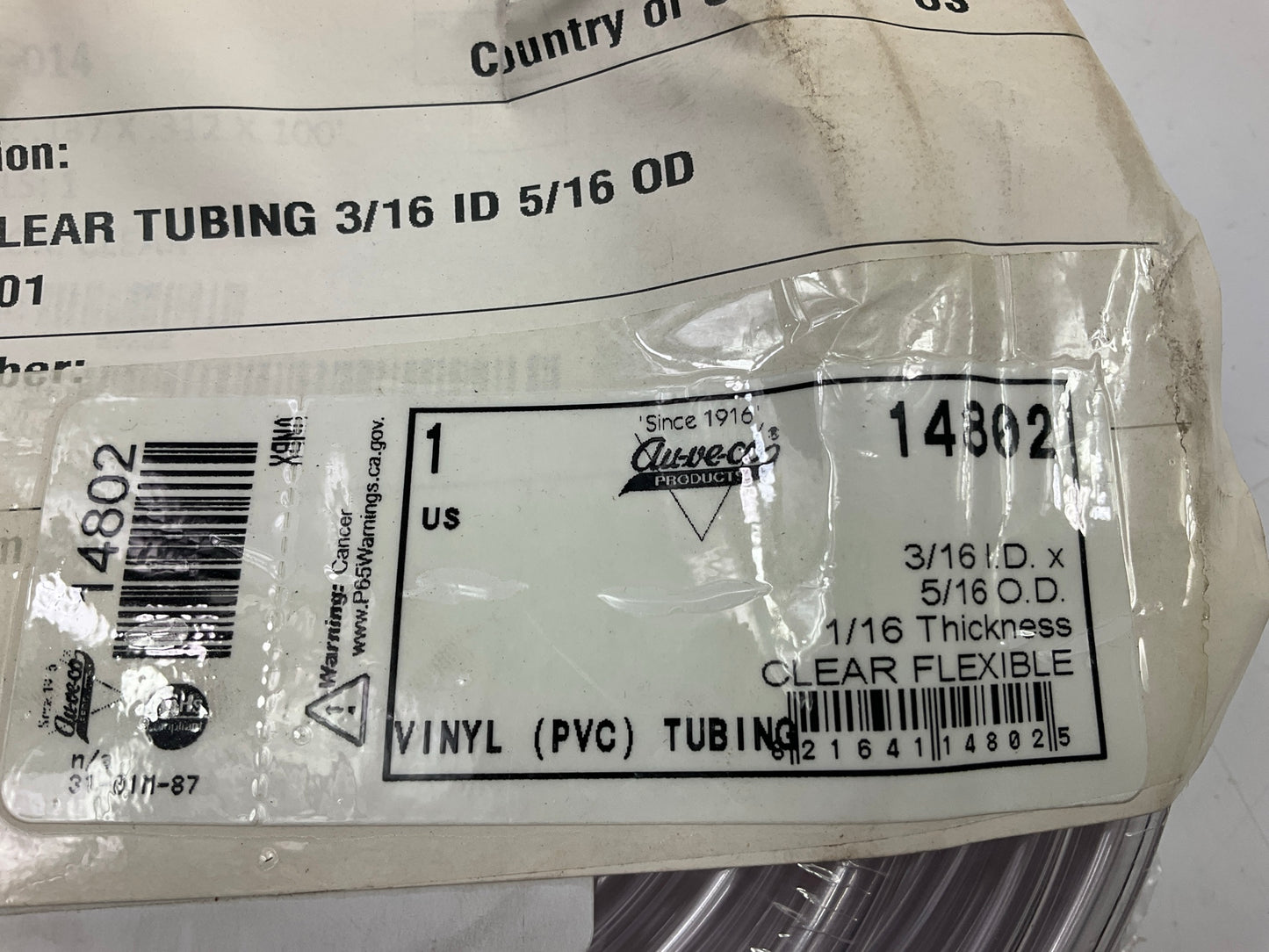 Auveco 14802 Clear Tubing 3/16'' Inside Diameter 5/16'' Outside Diameter, 100 Feet