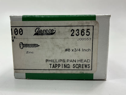Auveco 2365 #8 X 3/4'' Phillips Pan Head Tapping Screws, Zinc Plated, Pack Of 100