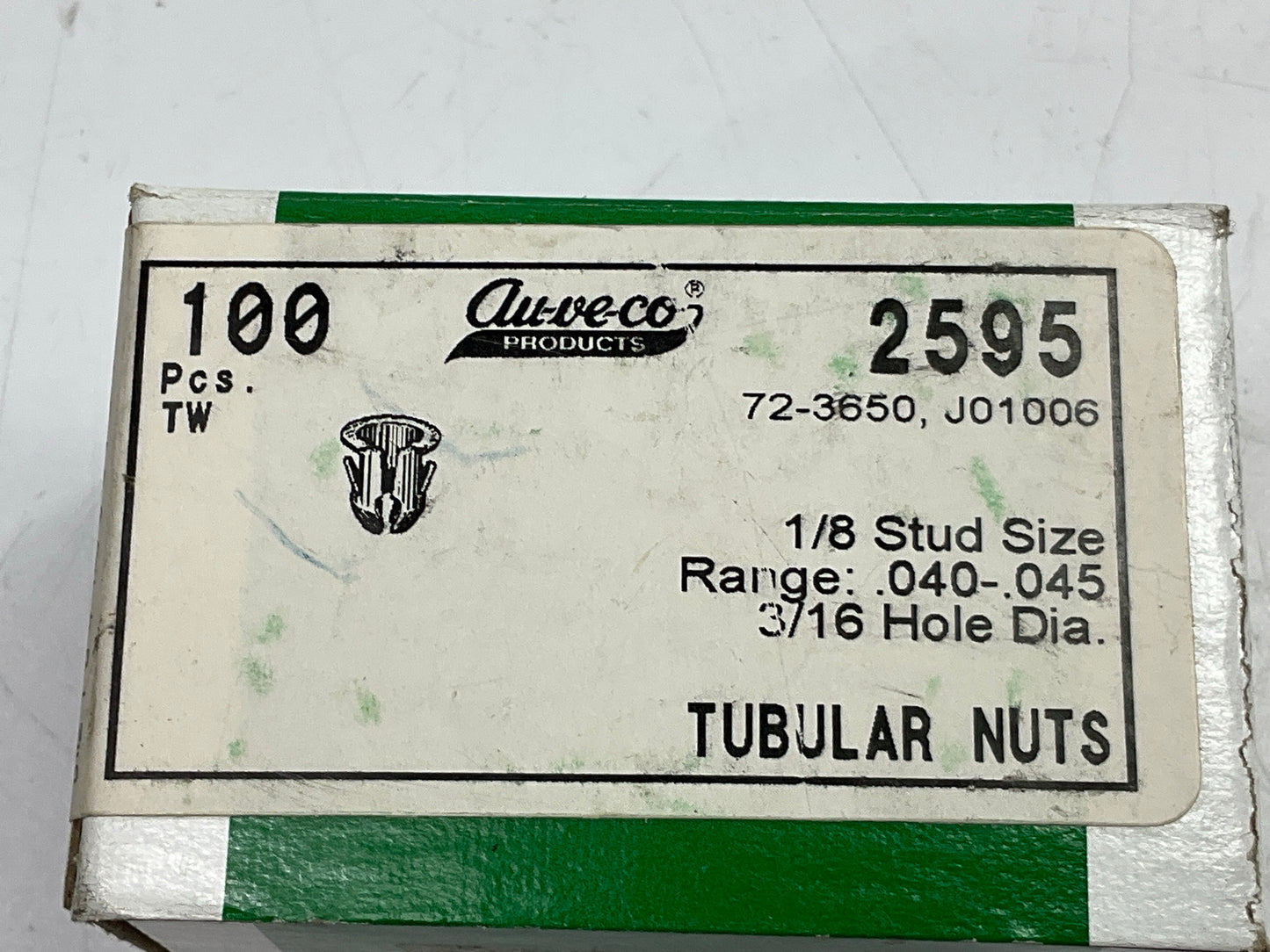 (100) Auveco 2595 Tubular Nut For 1/8 Stud .040-.045 Panel Range Barrel Clips