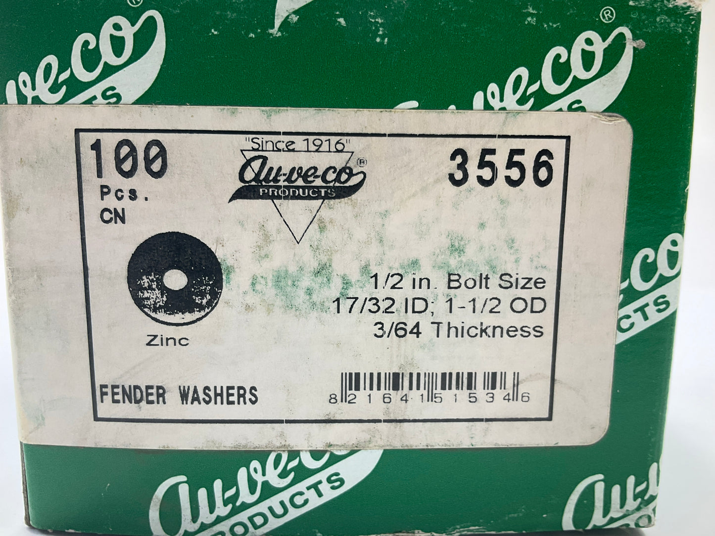 Auveco 3556 Fender Washer 1-1/2''OD, 17/32'' ID, For 1/2'' Bolt Size Qty 100