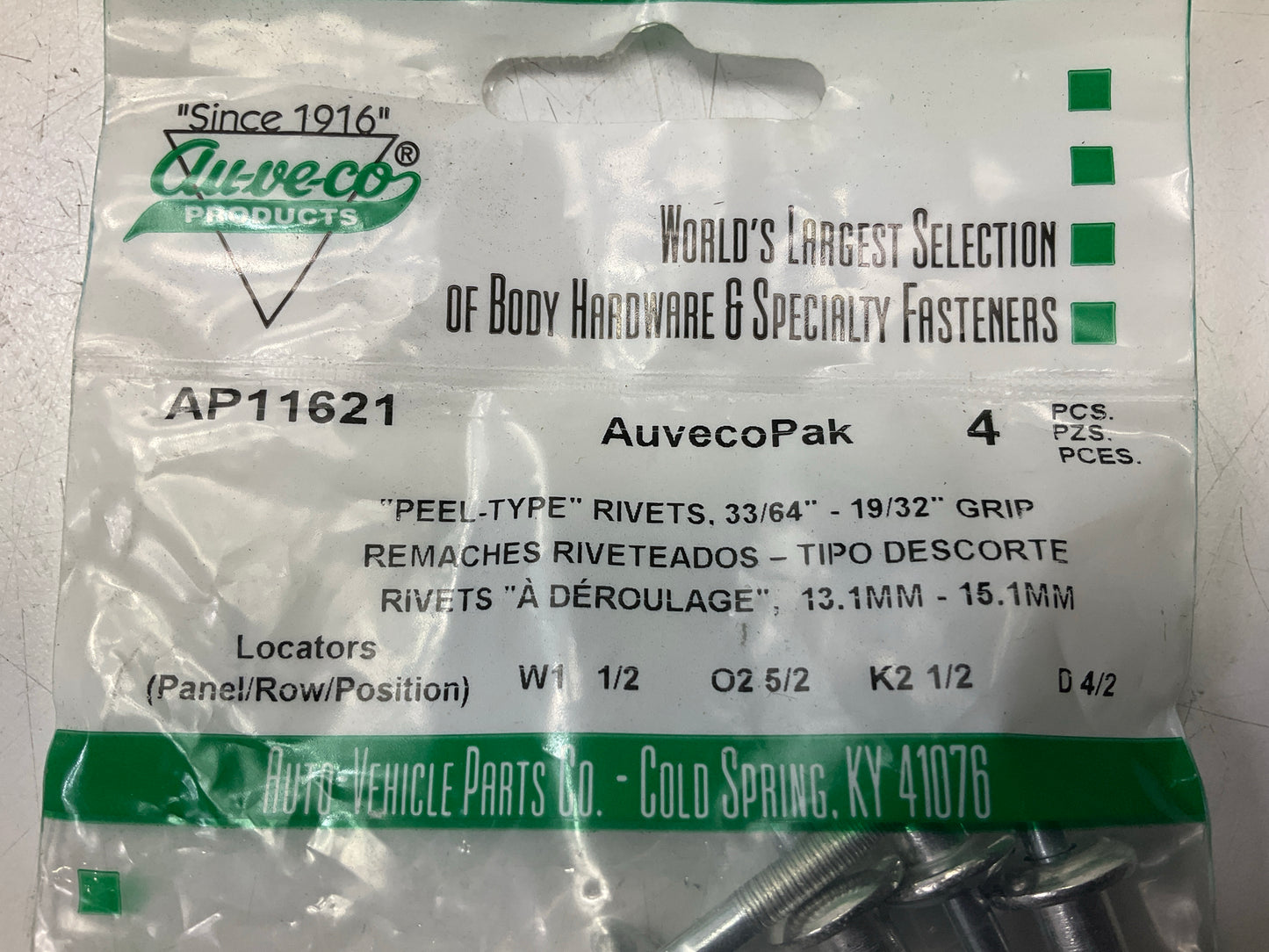 Auveco AP11621 Peel Type Rivet, 1/4'' Shank, Grip: 33/64'' - 19/32''  Qty 144