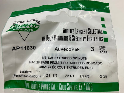 (6) Auveco AP11630 Extruded U-Nut Clip Thread M8-1.25 Screw