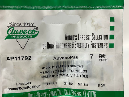 Auveco AP11792 Phillips Oval Head Sems Tapping Screw 10 X 1'' Qty 63