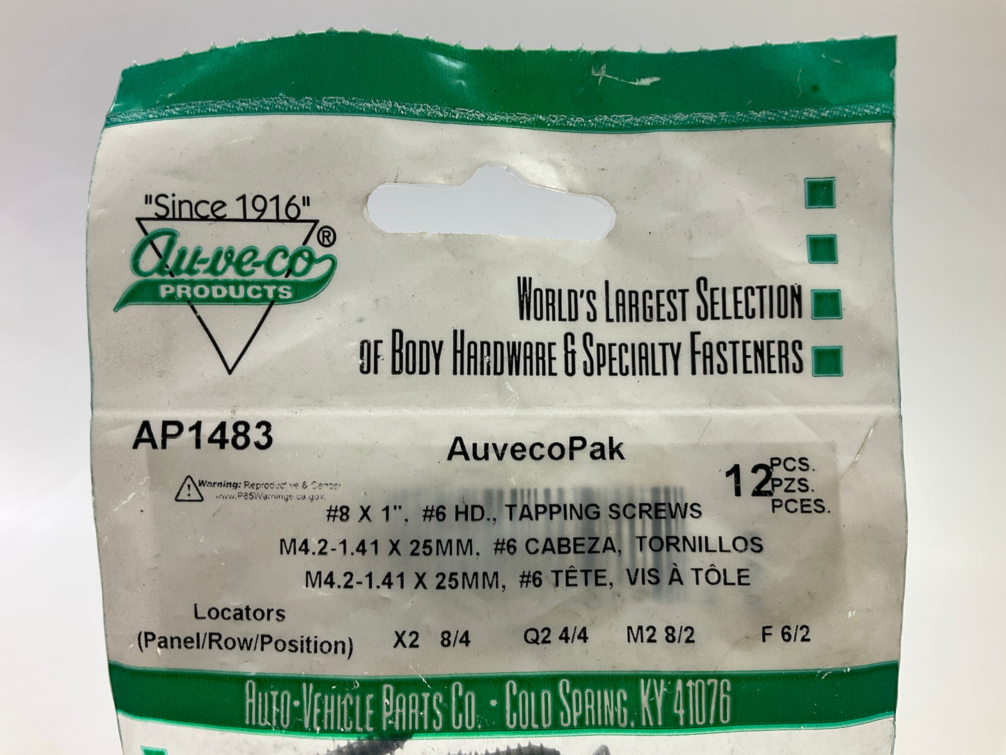 Auveco AP1483 Tapping Screw #8 X 1'', Phillips Oval #6 Head Qty 72