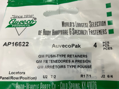 (16) Auveco AP16622 Bumper Fascia Push-Type Retainer Replaces GM 10157900
