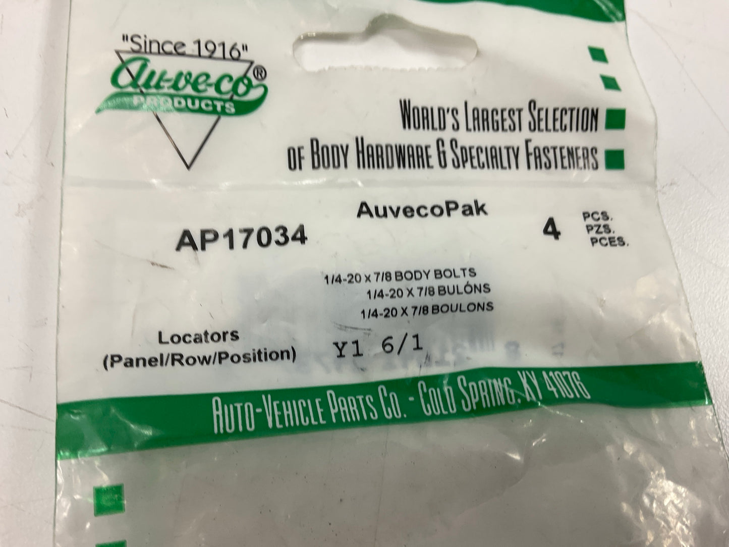 Auveco AP17034 1/4 - 20 X 7/8 '' Body Bolts With Washer Qty 36