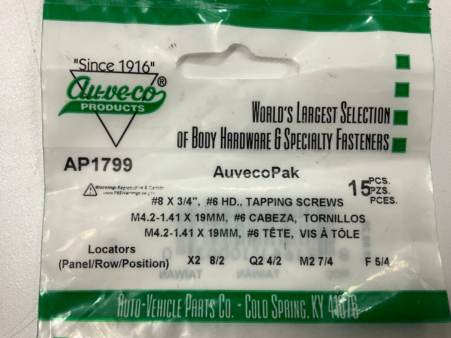 Auveco AP1799 Phillips Oval Head 8 X 3/4'', #6 HD, Tapping Screws Qty 90