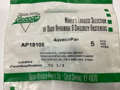 (15) Auveco AP18108 Nylon Rivets 1/4 DIA. 5/32-3/8 Grip Black Qty 15