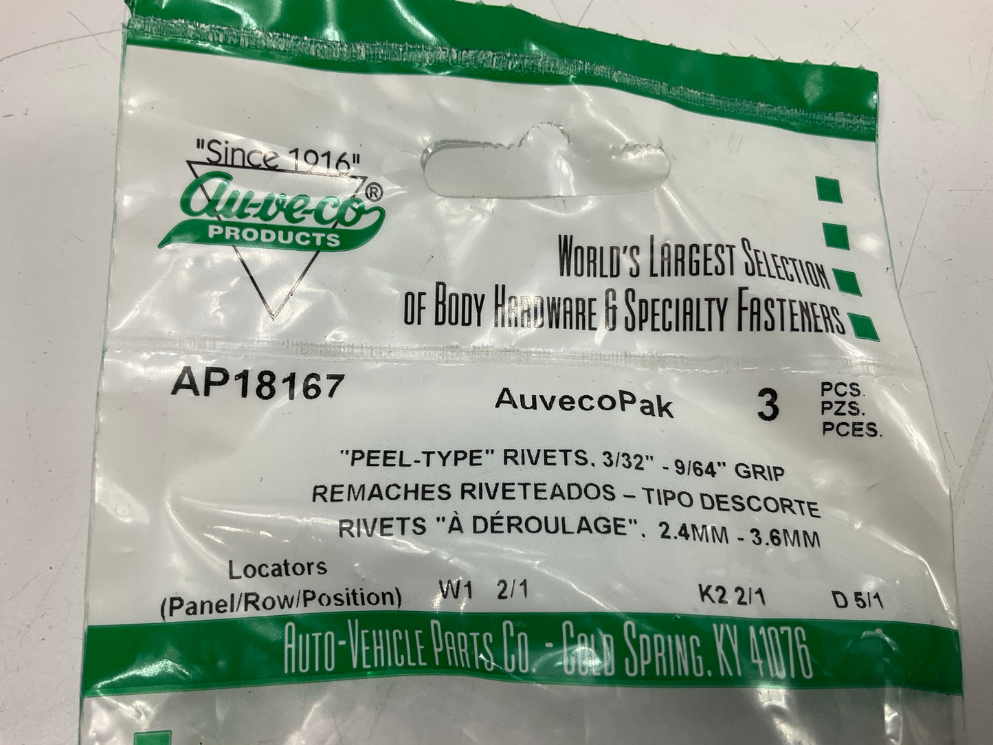 (12) Auveco AP18167 Peel Type Rivet 1/4'' Diameter 3/32'' -9/32'' Grip