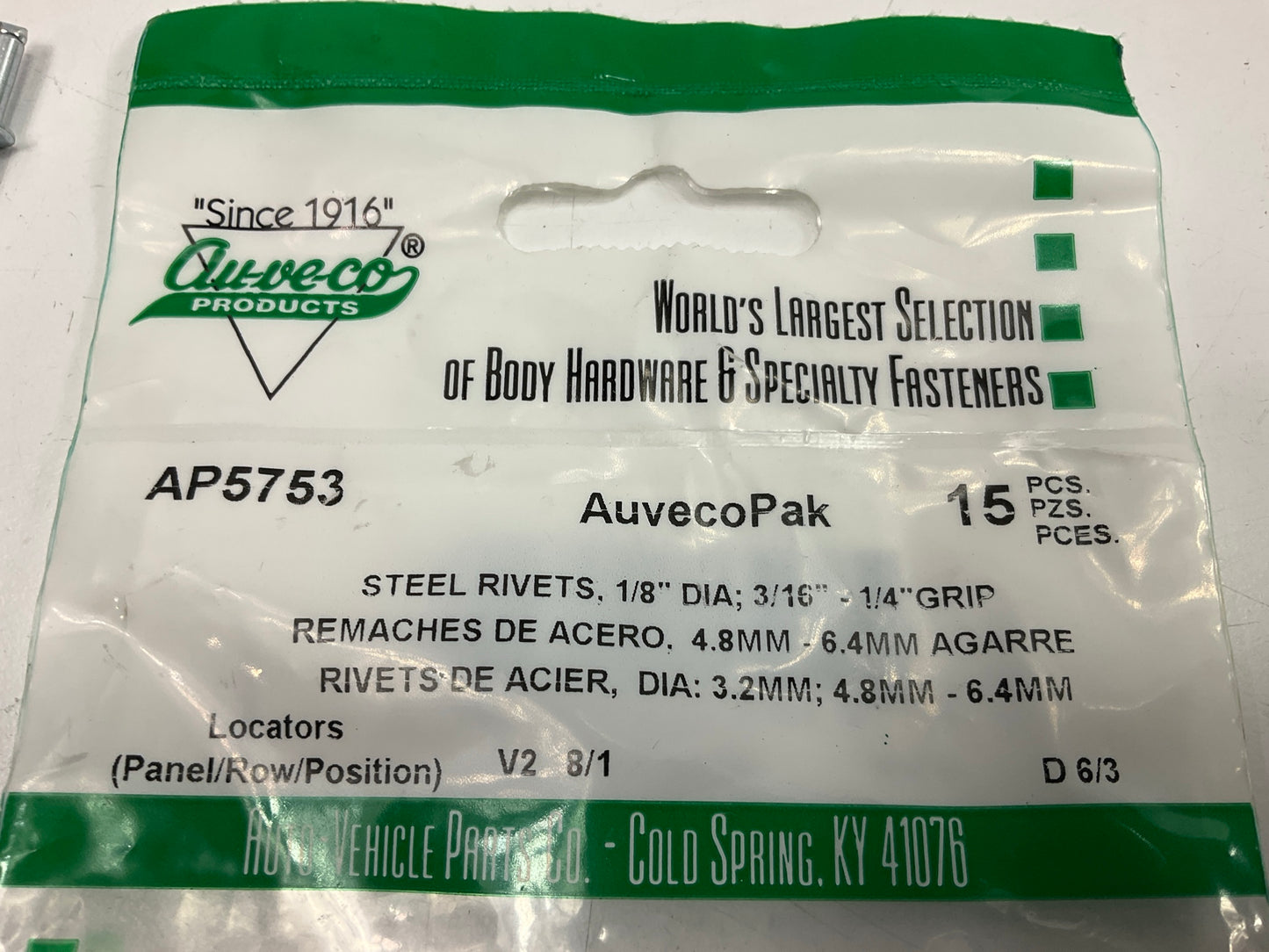 Auveco AP5753 Panel Rivets, Steel, 1/8'' Shank X 25/64'' Long, 1/4'' Flange Qty 60