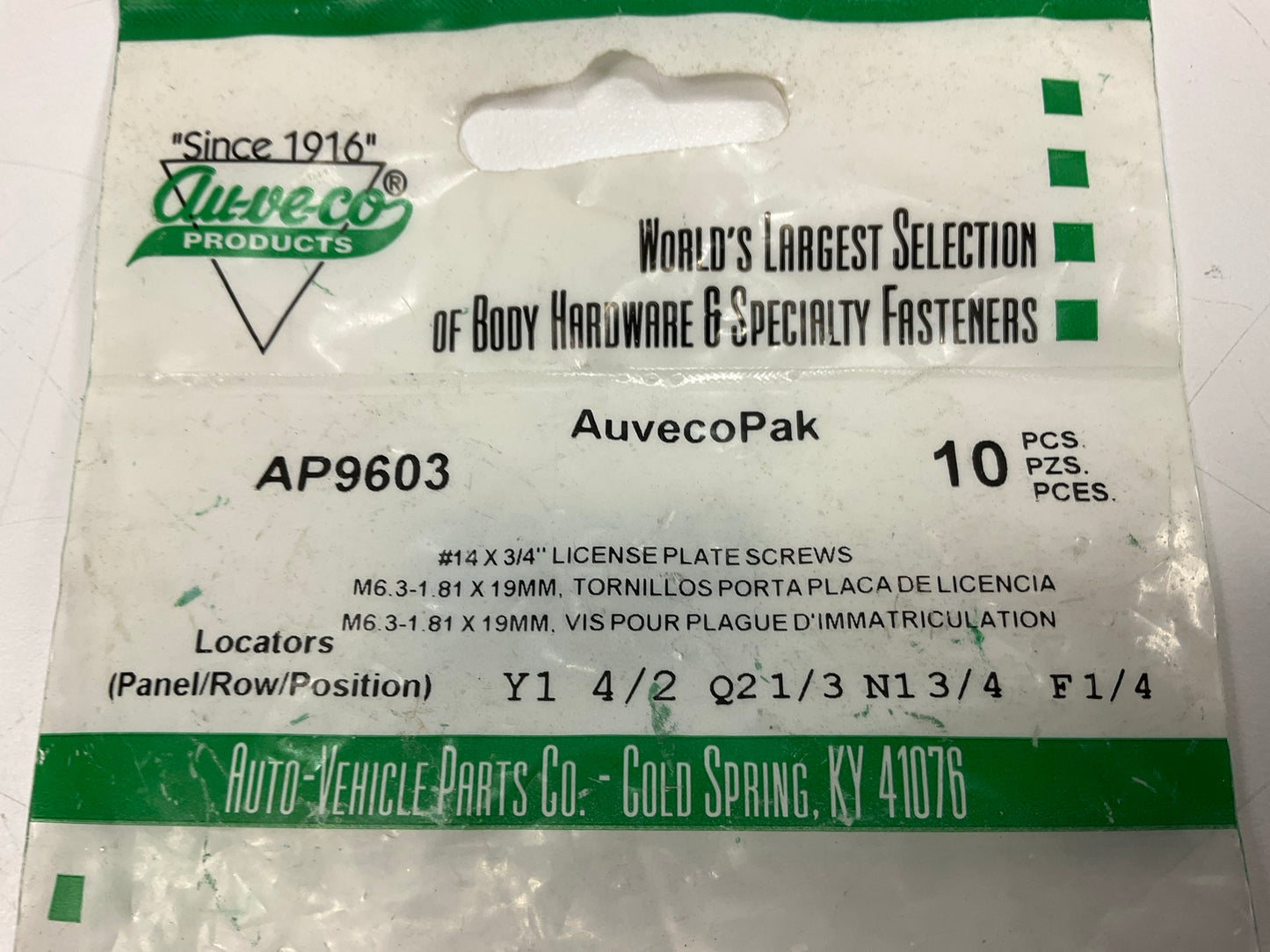 Auveco AP9603 Slotted Truss Head #14 X 3/4'' License Plate Screws Qty 10