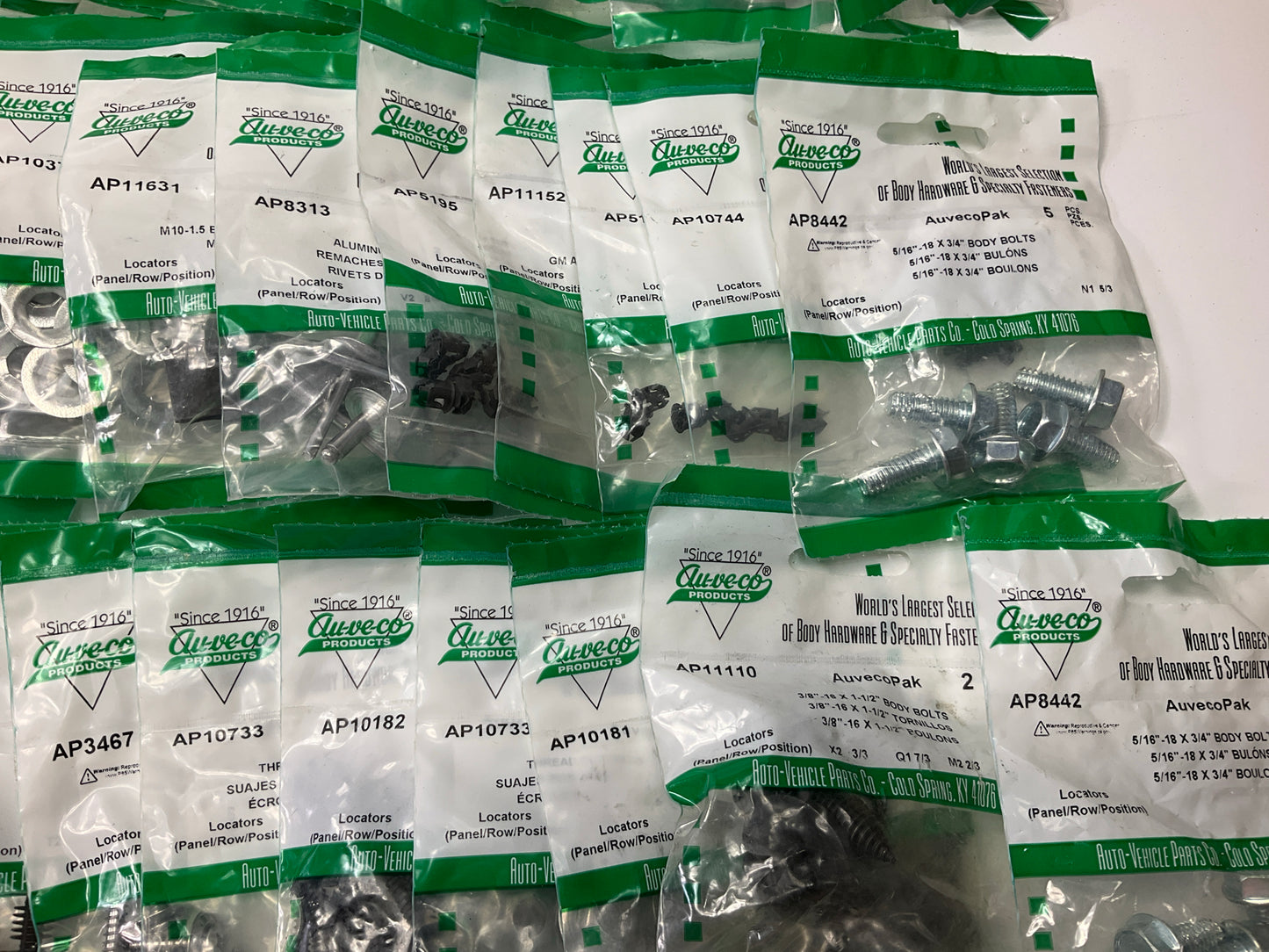 Wholesale Lot #12 - Auveco Retainer Clips & Mixed Hardware, 250 Packs Total