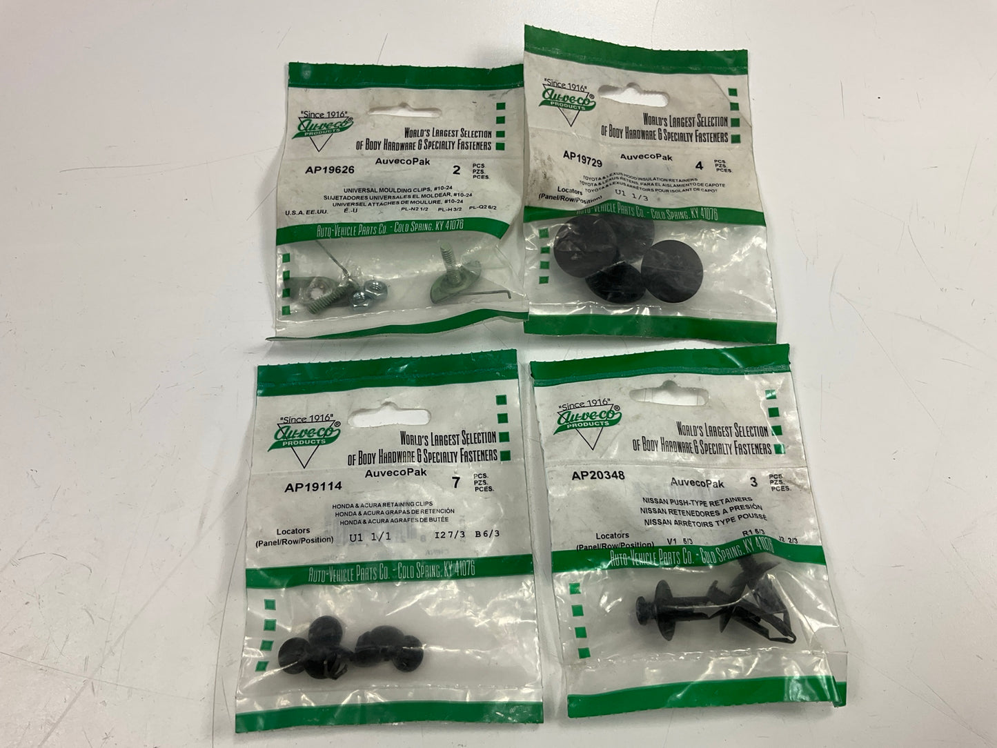 Wholesale Lot #21 - Auveco Retainer Clips & Hardware Lot, 100 Packs As Shown