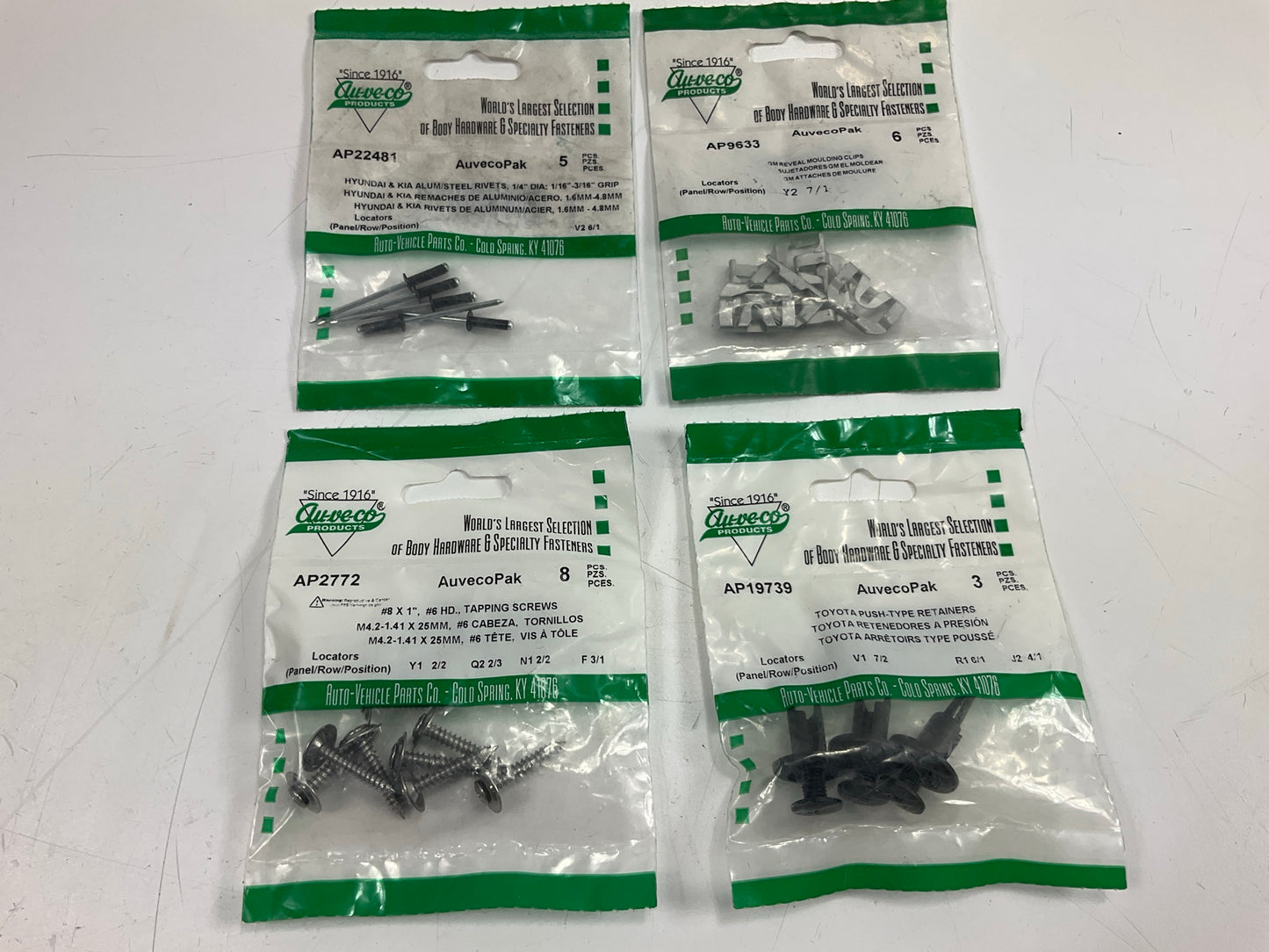 Wholesale Lot #21 - Auveco Retainer Clips & Hardware Lot, 100 Packs As Shown