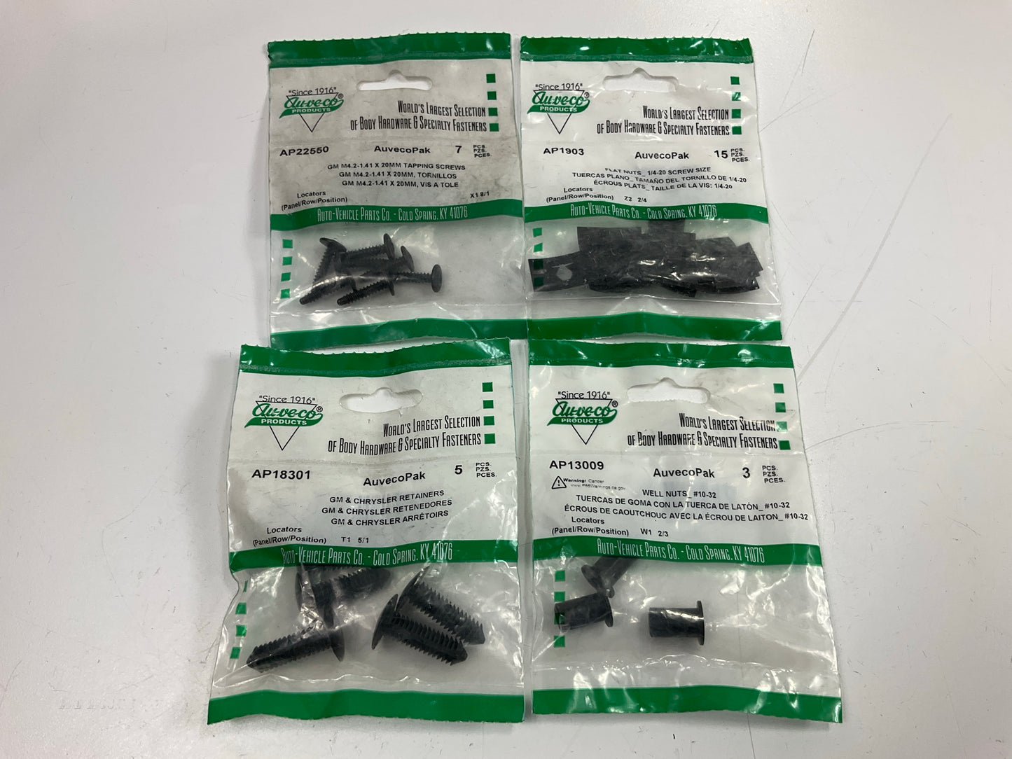 Wholesale Lot #21 - Auveco Retainer Clips & Hardware Lot, 100 Packs As Shown