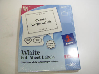 (500) SHEETS  Avery 5165 Permanent Full-Sheet Labels, Laser, 8 1/2'' X 11'', White