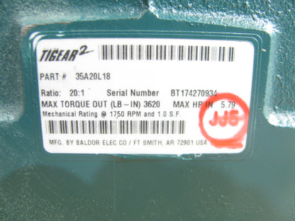 Baldor 35A20L18 TIGEAR-2 SPEED REDUCER / GEAR REDUCER - 20:1 RATIO