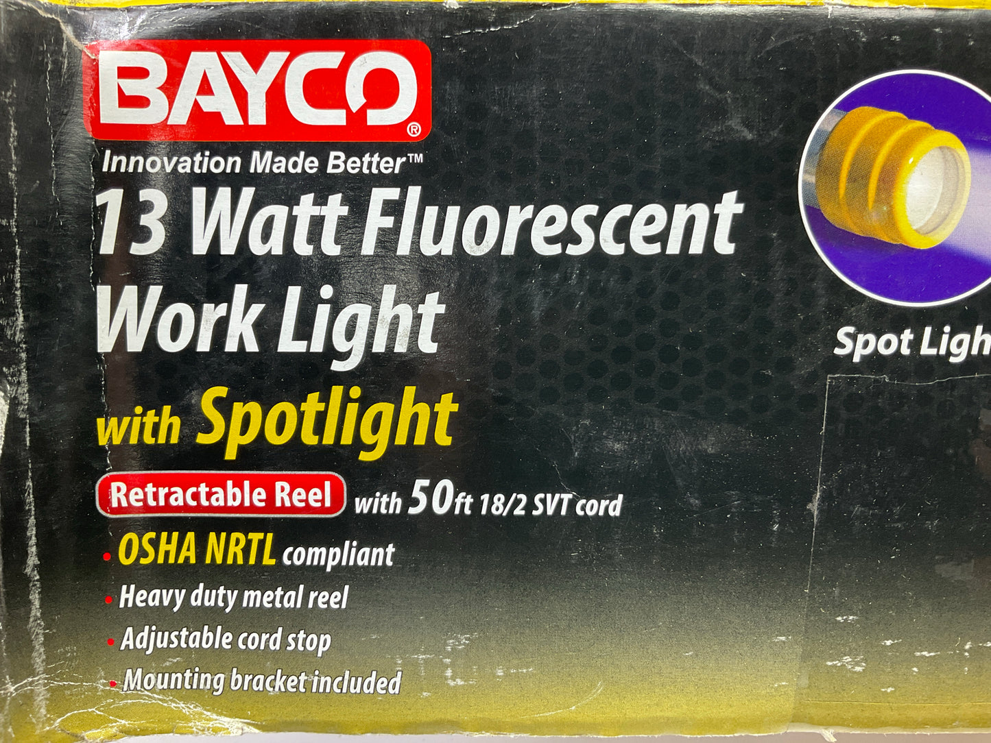 Bayco SL-827 13 Watt Flourescent Work Light W/ Spotlight, 50' Metal Reel
