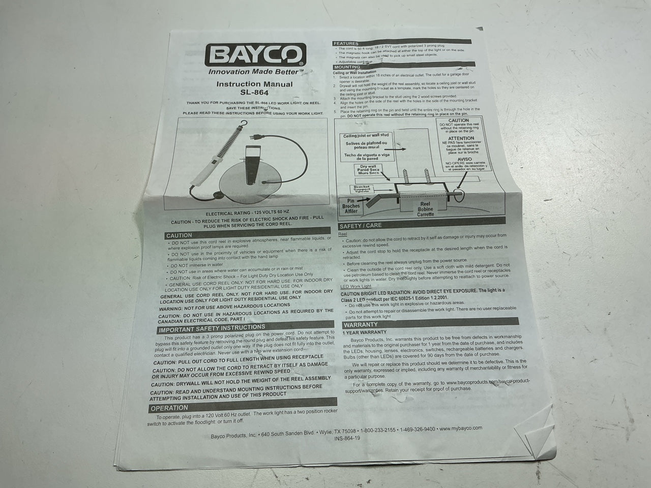 Bayco SL-864 60 LED Worklight With 50 Foot 18/2 Cord Retractable Reel