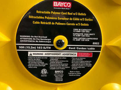 Bayco SL-8903 50ft Retractable Polymer Cord Reel W/3 Outlets - 13amp