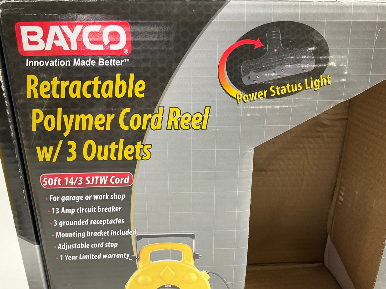 Bayco SL-8903 50ft Retractable Polymer Cord Reel W/3 Outlets - 13amp