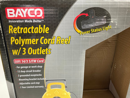 Bayco SL-8903 50ft Retractable Polymer Cord Reel W/3 Outlets - 13amp
