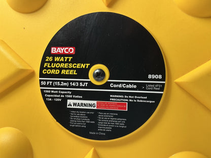 Bayco SL8908 26W Fluorescent Work Light With Single Outlet On 50 Foot Reel