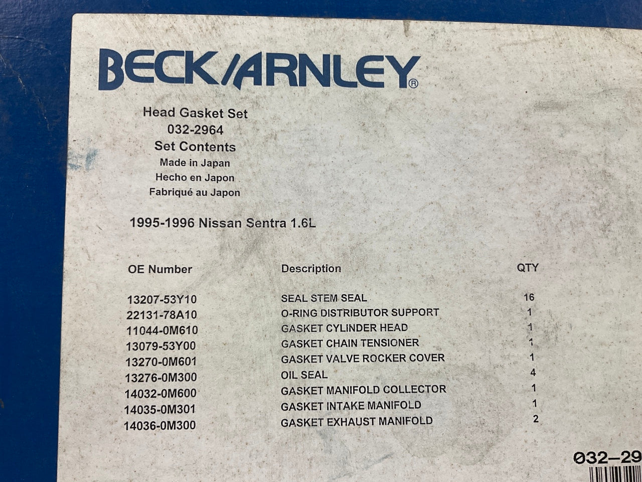 Beck Arnley 032-2964 Cylinder Head Gasket Set For 1995-1996 Nissan Sentra 1.6L