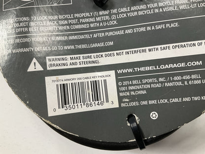 Bell Armory 7015774 6 Feet Cable Padlock Bike Lock With Key