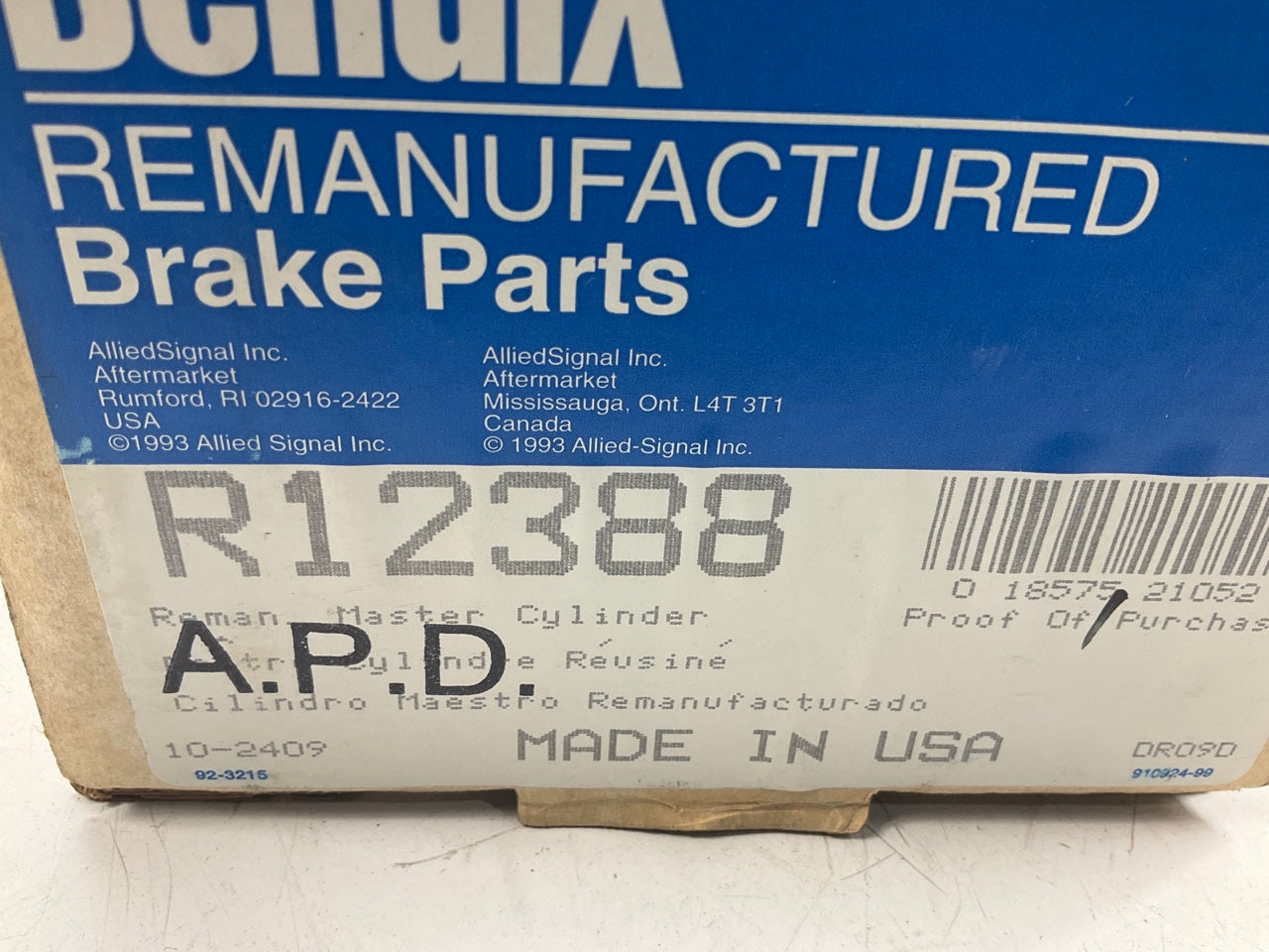 REMAN. Bendix R 12388 Brake Master Cylinder