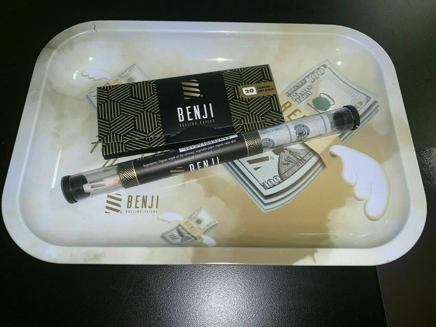 Benji White Rolling Tray & Magnetic Lid Cover, (3) Pre-Rolled Cones & (20)papers