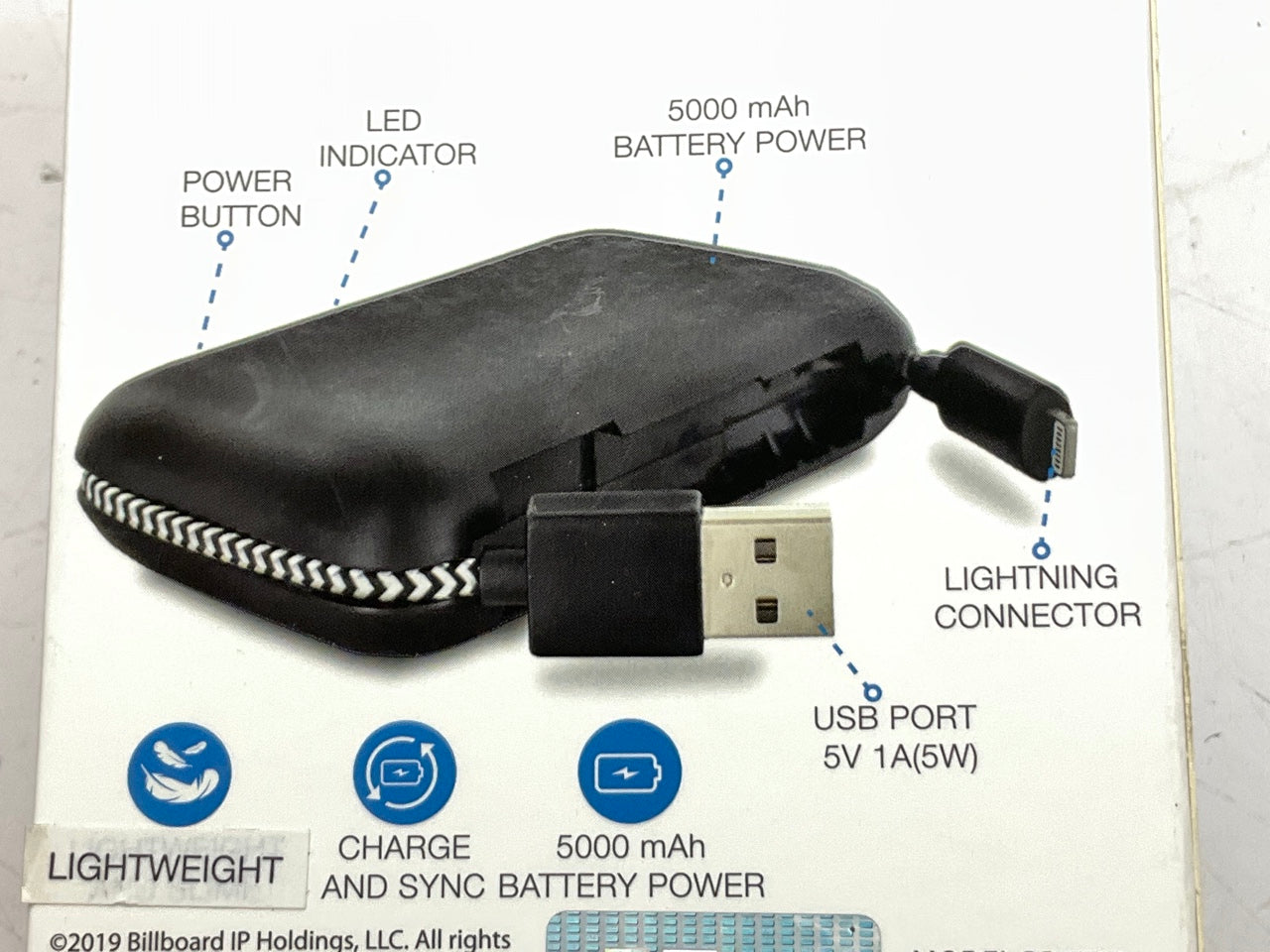 Billboard BB2500 5,000 MAh Power Bank With Built-in Lightning And USB Cable