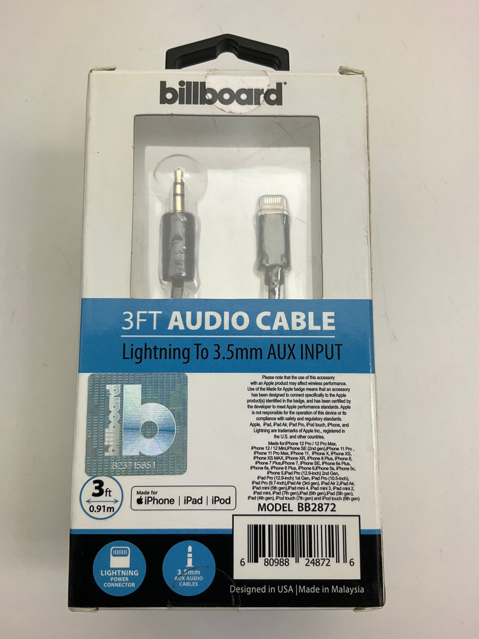 Billboard BB2872 3ft Lightning To 3.5MM Aux Input Audio Cable