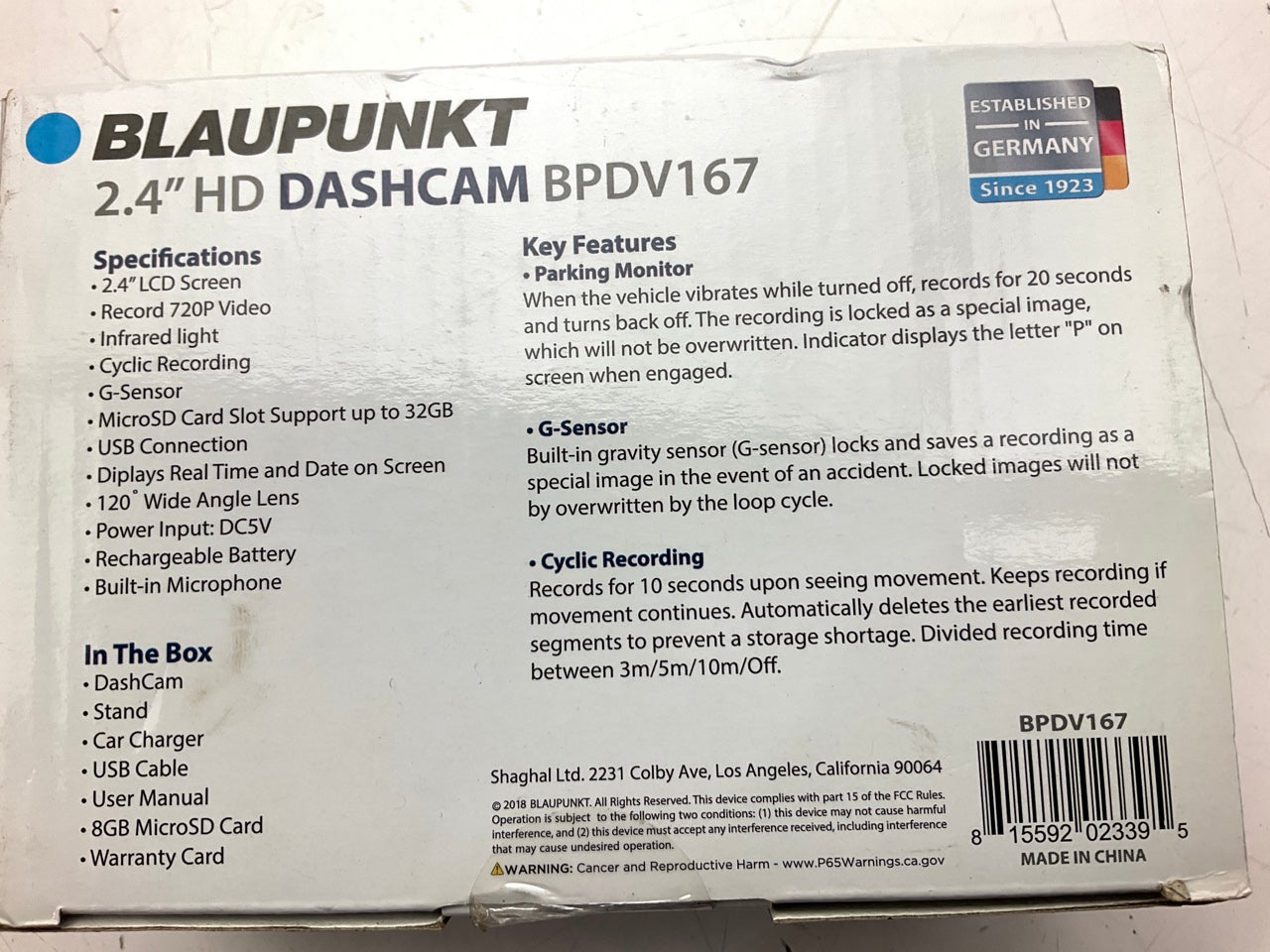 Blaupunkt BPDV167 2.4'' 720 HD Dashcam 8GB MicroSD Infrared Light G-Sensor