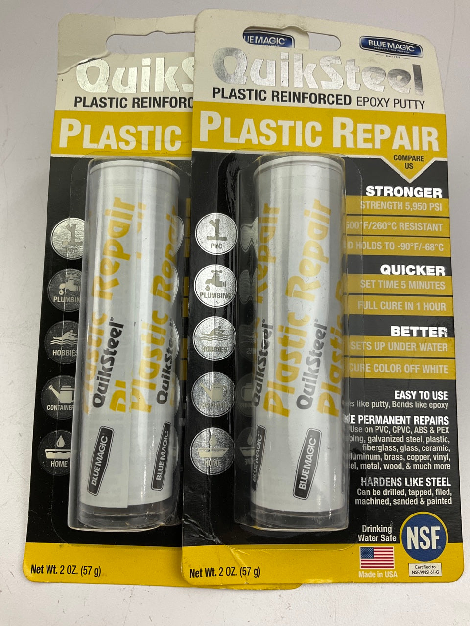(2) PACK  Blue Magic 16502TRI QuikSteel Strong Plastic Repair Epoxy Putty - 2 Oz