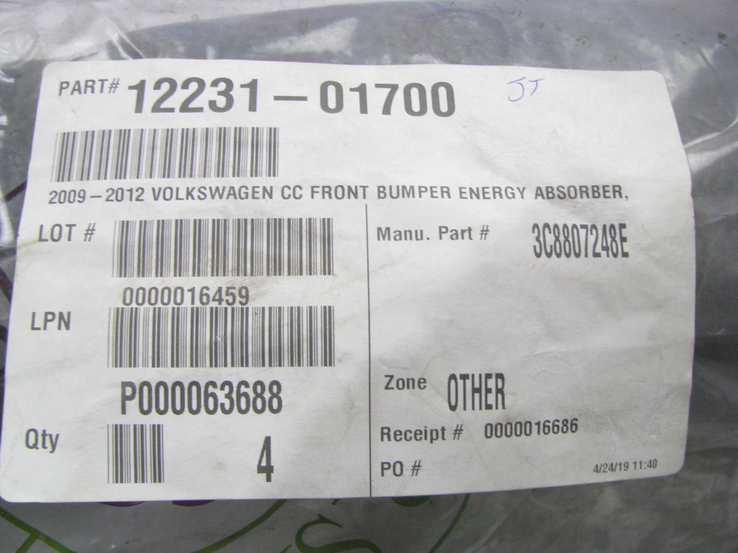 AFTERMARKET -  Front Bumper Energy Absorber For 2009-2012 Volkswagen CC Passat